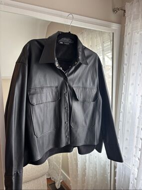Zara Black Faux Leather Snap-Front Jacket